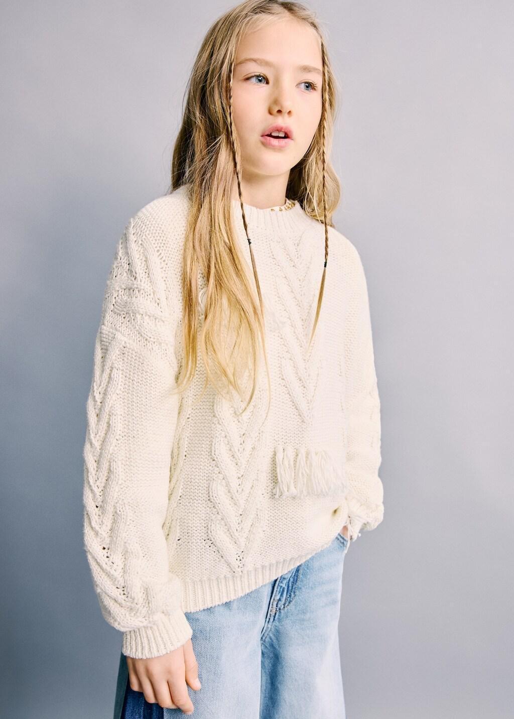 White Herringbone Knit Sweater, Kids Girls, Natural White, medium