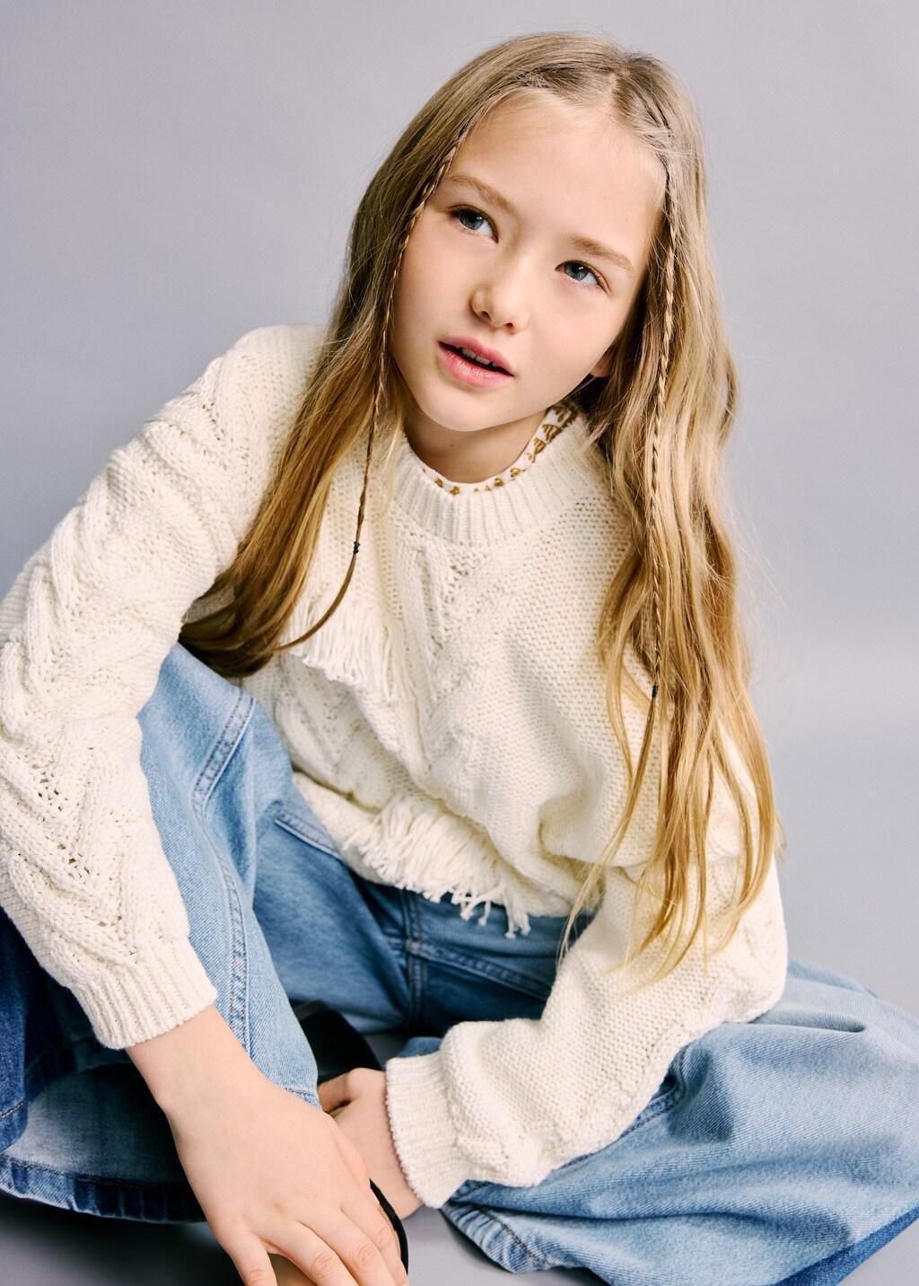 White Herringbone Knit Sweater, Kids Girls, Natural White, large image number 3