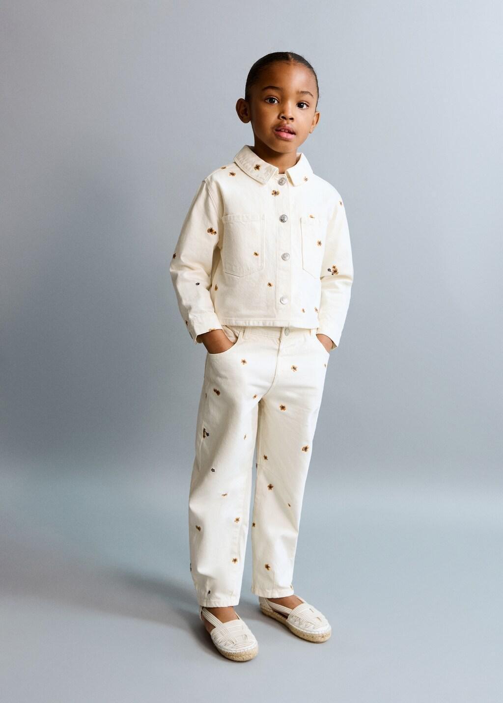 Beige Flower-Embroidered Straight-Fit Jeans, Baby Girl, Light Beige, large image number 0