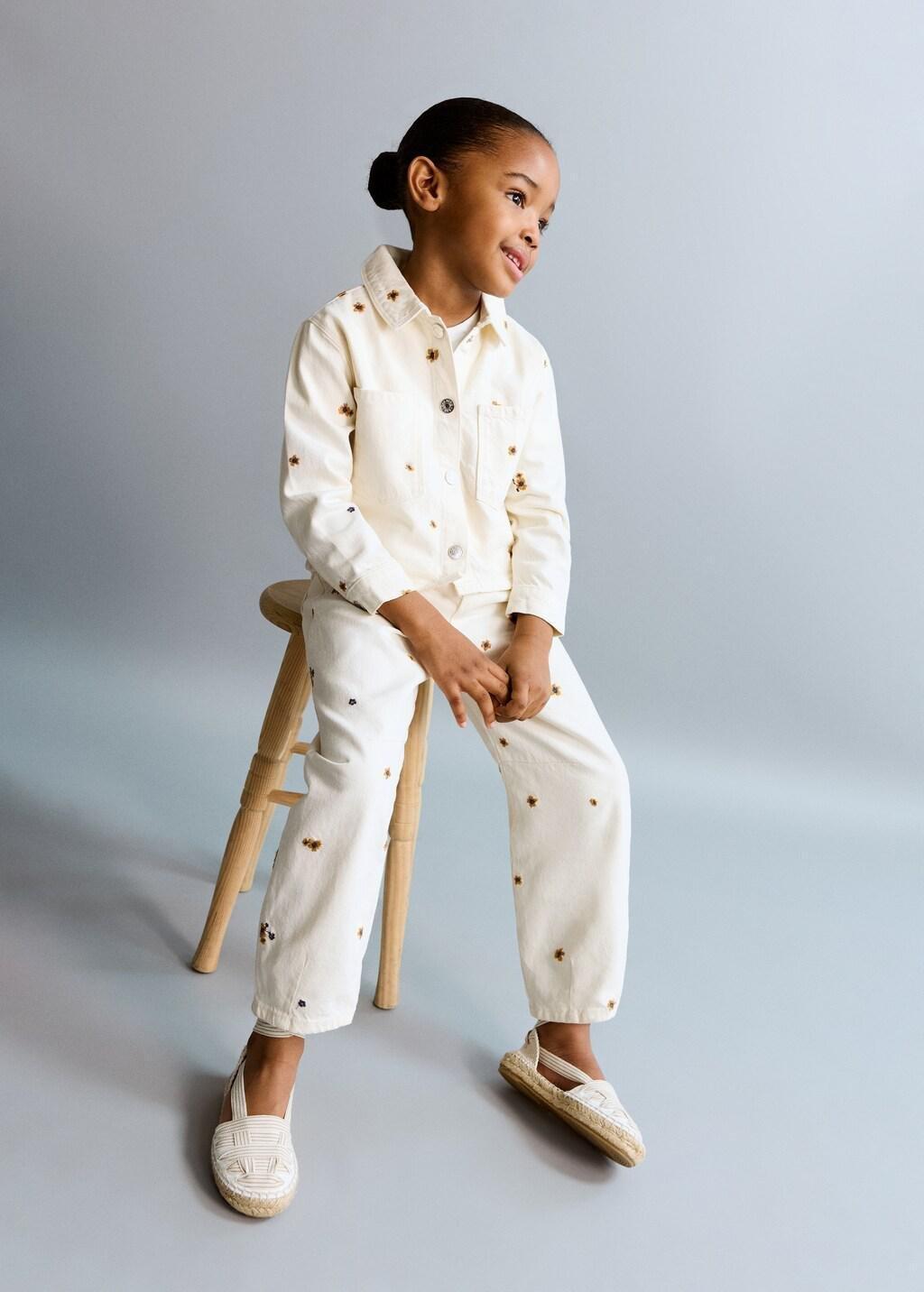 Beige Flower-Embroidered Straight-Fit Jeans, Baby Girl, Light Beige, large image number 3