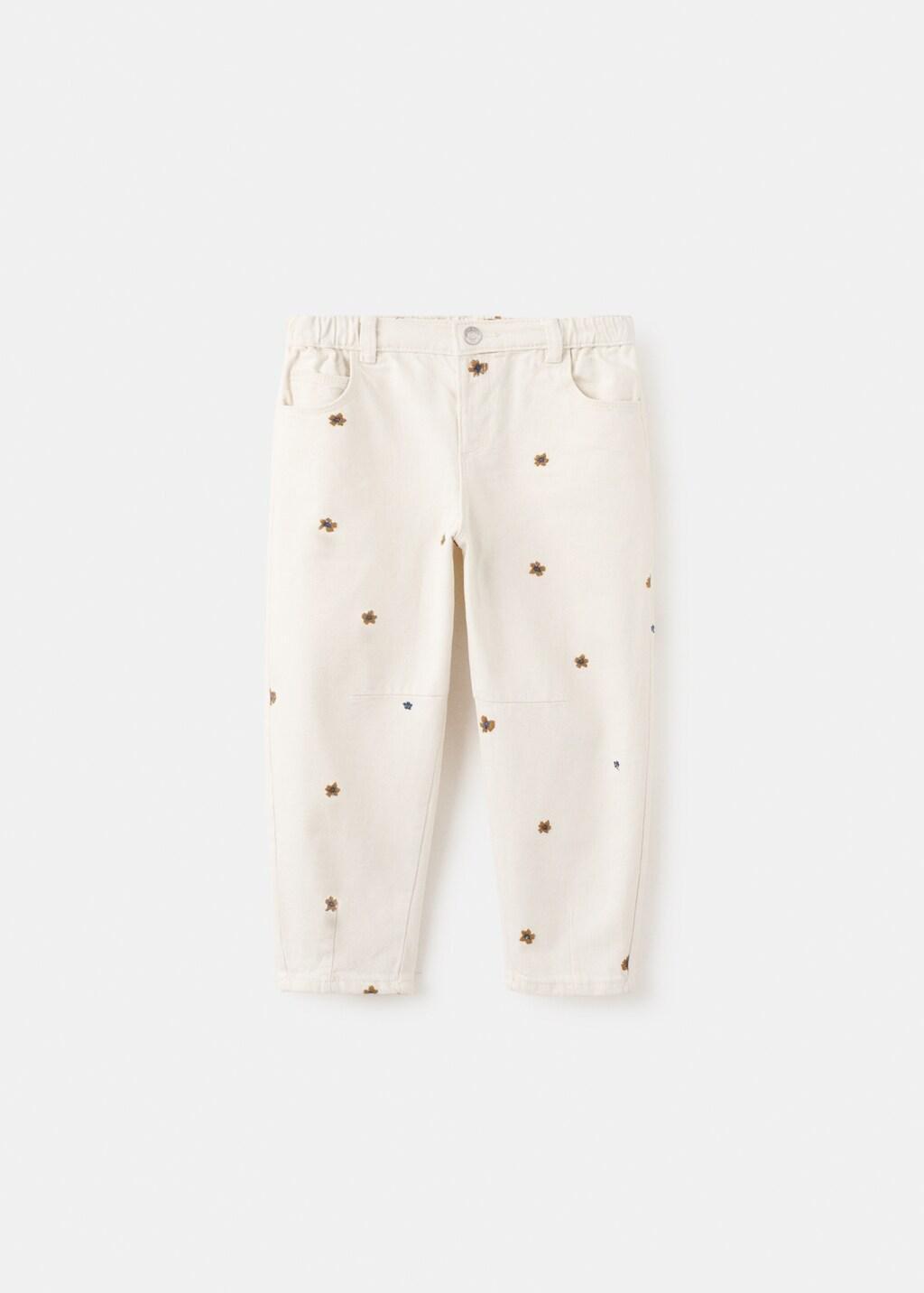 Beige Flower-Embroidered Straight-Fit Jeans, Baby Girl, Light Beige, large image number 6
