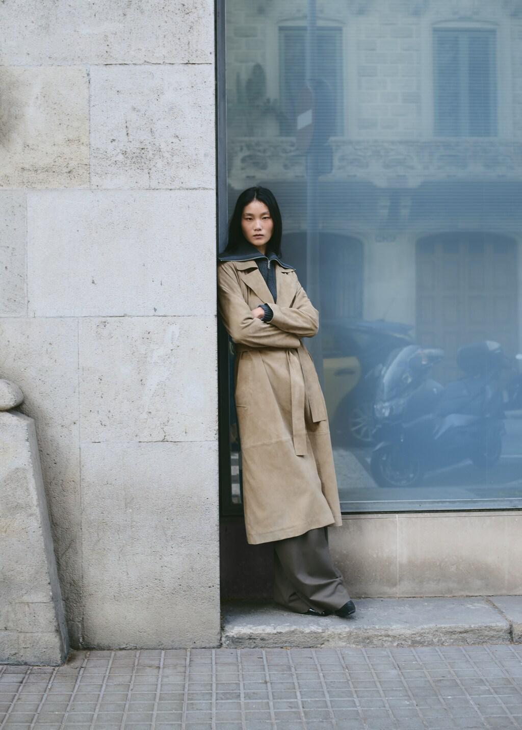 MEDIUM BROWN Suede trench 100% leather with belt, Medium Brown, large image number 0