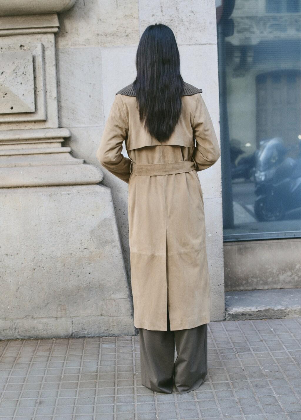 Brown Suede Trench 100% Leather With Belt, Medium Brown, medium