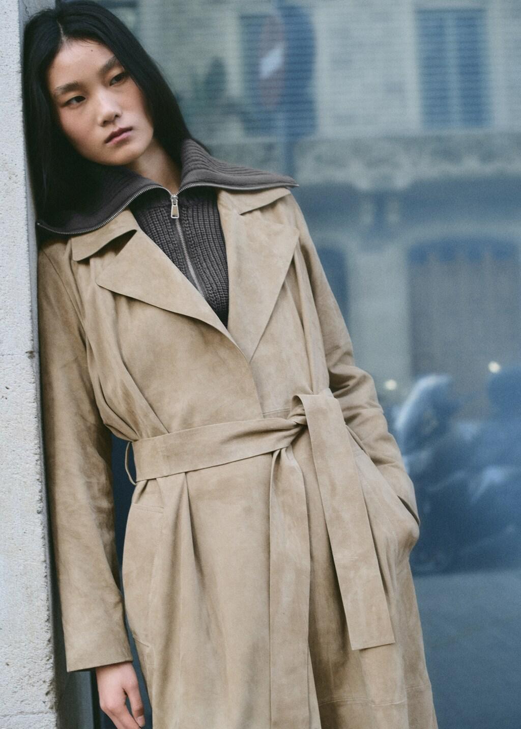 Brown Suede Trench 100% Leather With Belt, Medium Brown, large image number 3
