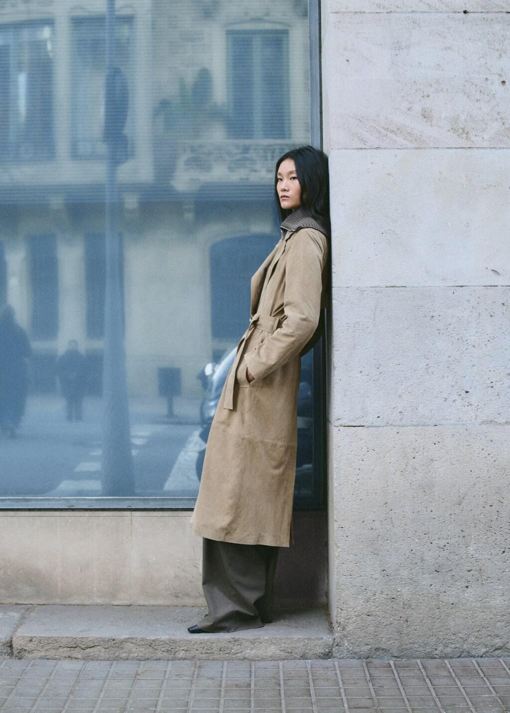 Brown Suede Trench 100% Leather With Belt, Medium Brown, large image number 4