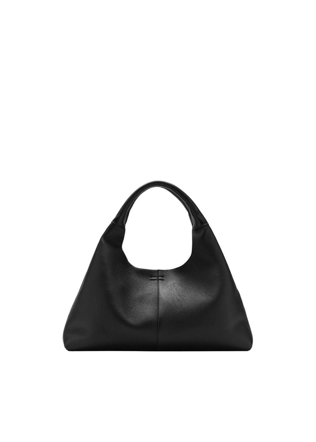 Black Stitched Leather Shoulder Bag, Black, large image number 4