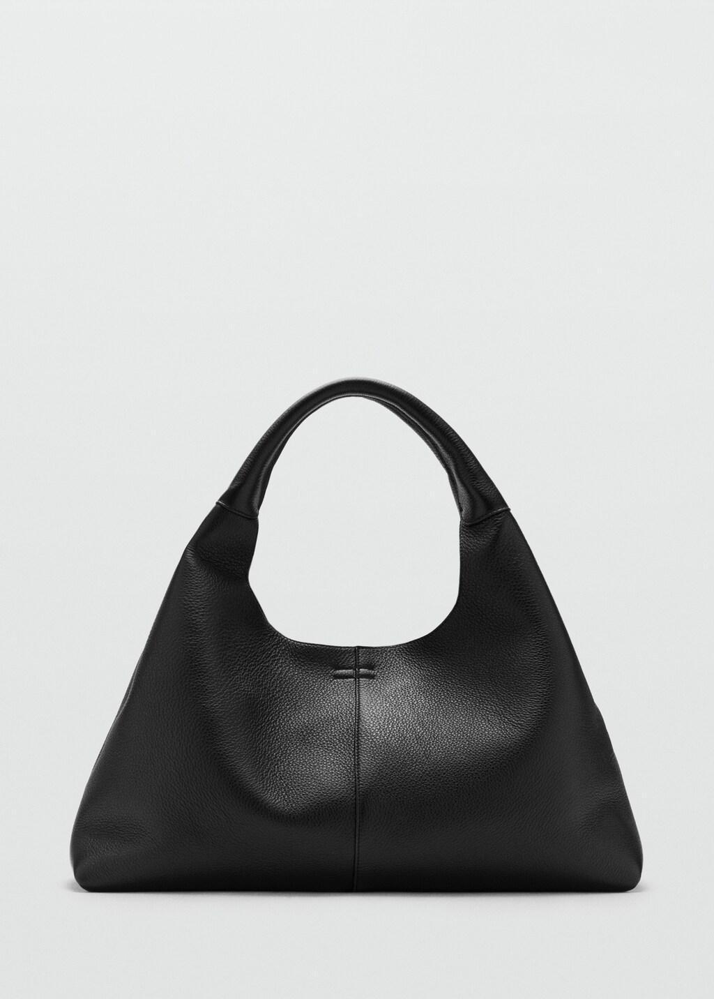 Black Stitched Leather Shoulder Bag, Black, large image number 5