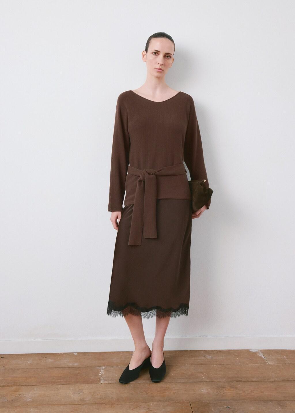 Brown Knit Belt Sweater, Dark Brown, medium