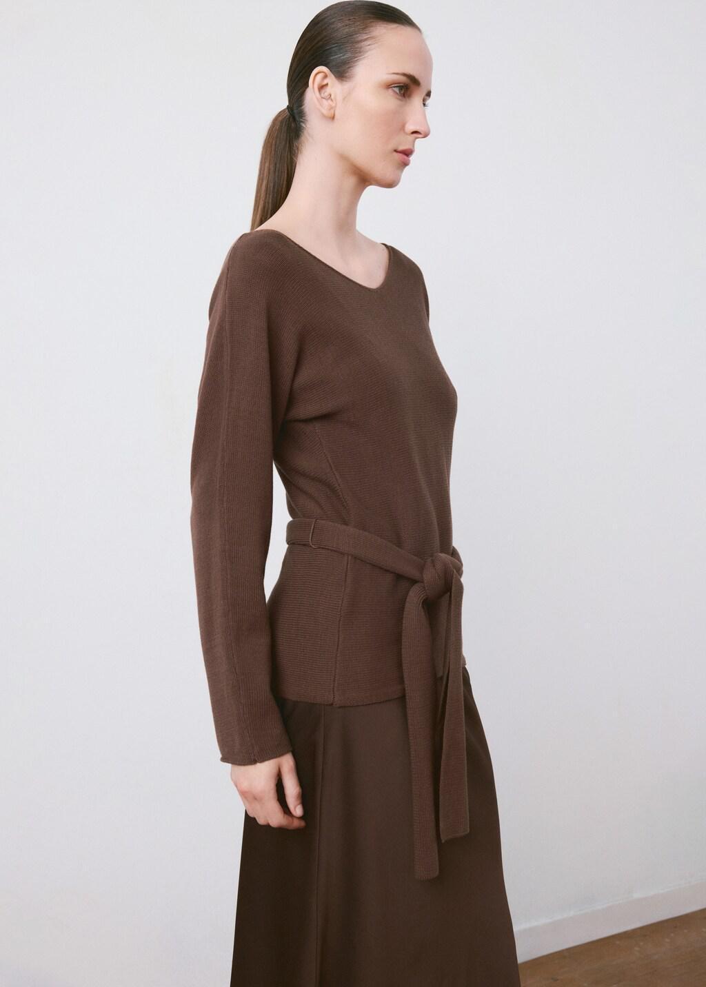 Brown Knit Belt Sweater, Dark Brown, large image number 3
