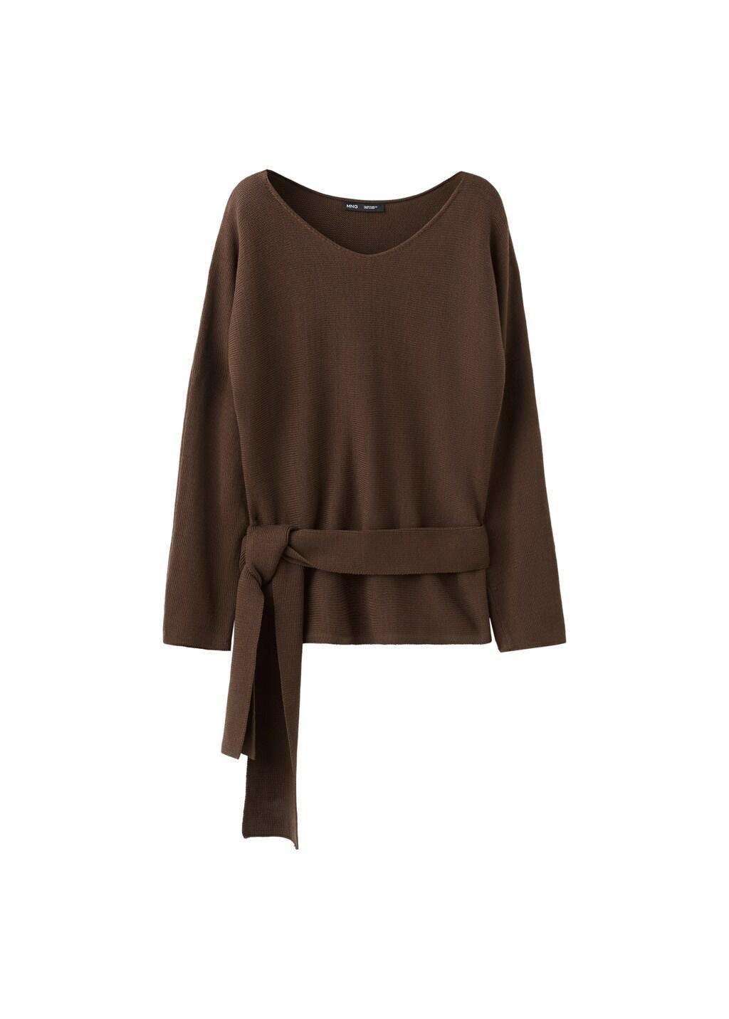 Brown Knit Belt Sweater, Dark Brown, large image number 7