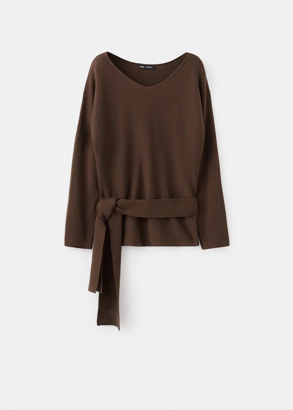 Brown Knit Belt Sweater, Dark Brown, large image number 8