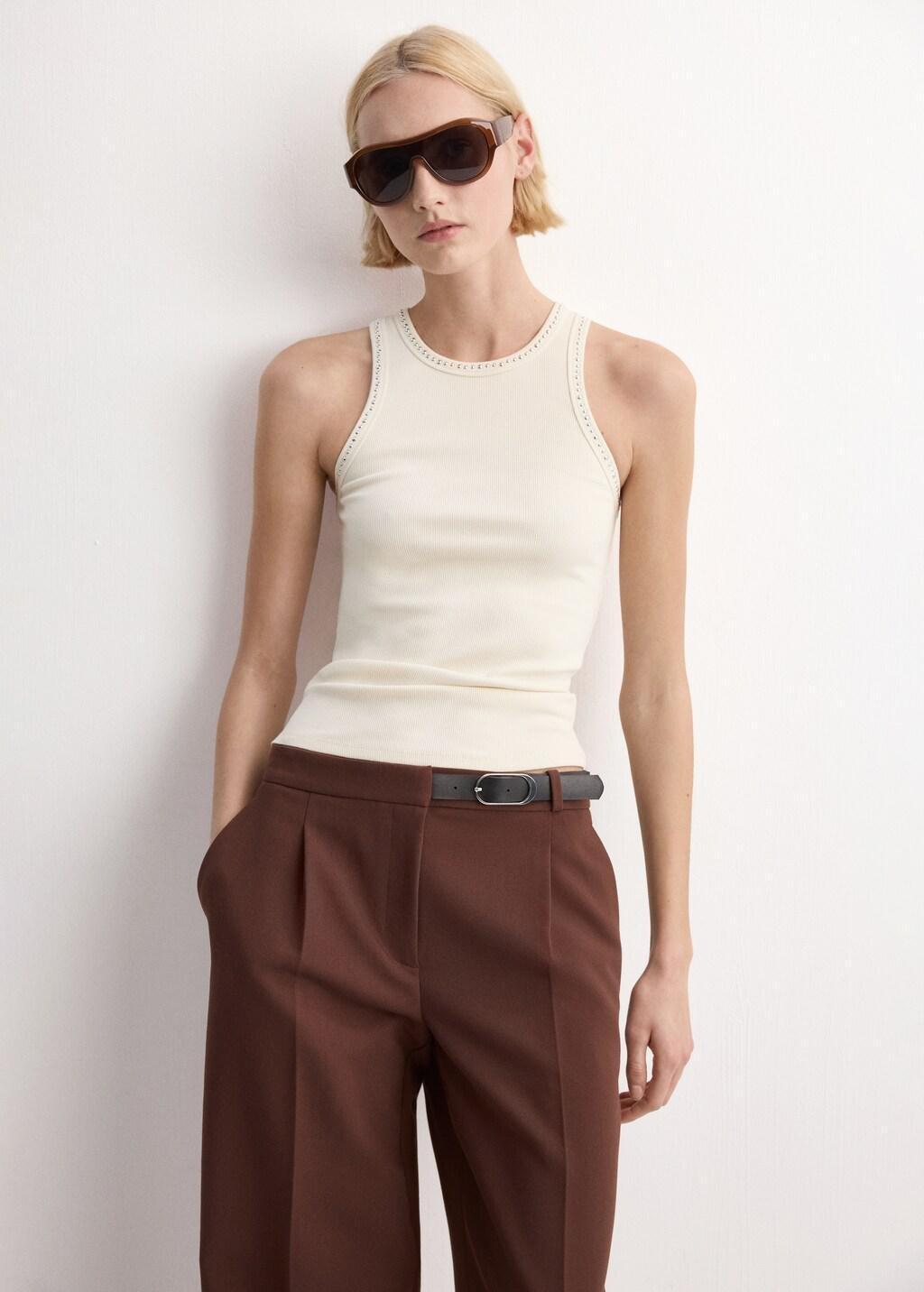 White Studded Trim Top, Natural White, large image number 0