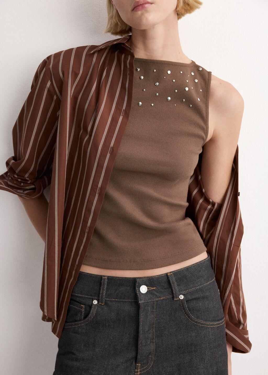 Brown Lt Pastel Cotton Studded Top, 0201_TA, large image number 3