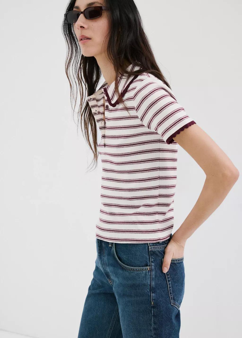 DARK RED Scalloped striped polo, Dark Red, large image number 3