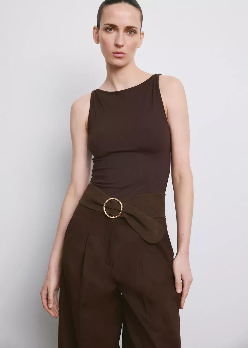 Brown Fitted Crop Top, Brown, large image number 3
