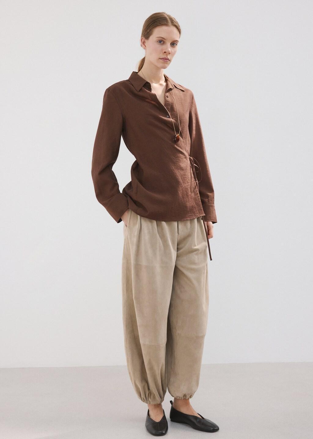 Brown Wrap Shirt With Bow, Brown, medium