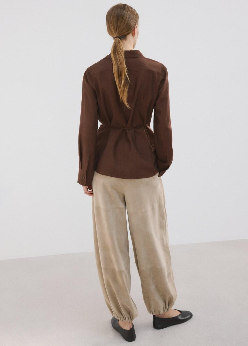 Brown Wrap Shirt With Bow, Brown, medium