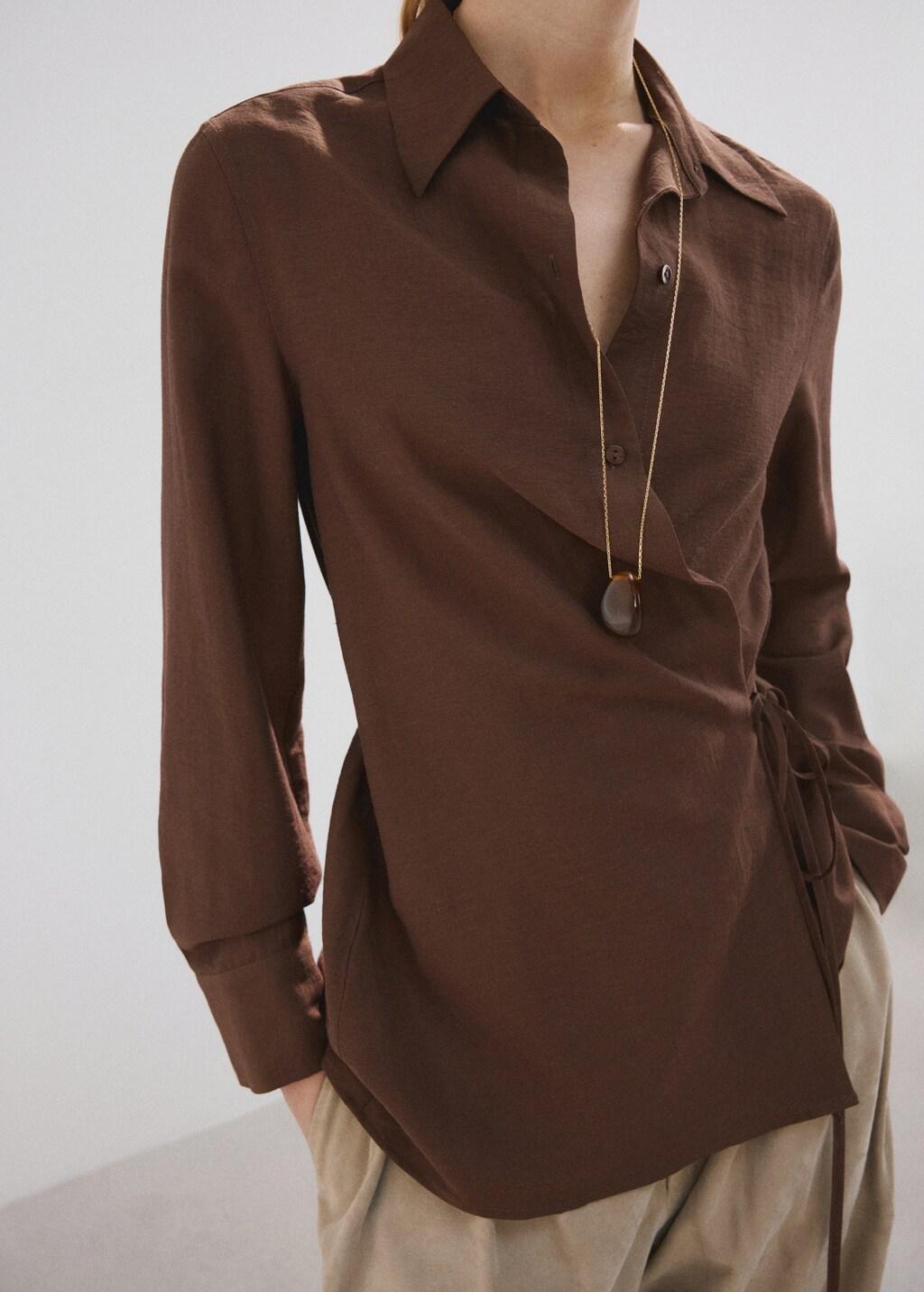 Brown Wrap Shirt With Bow, Brown, large image number 3