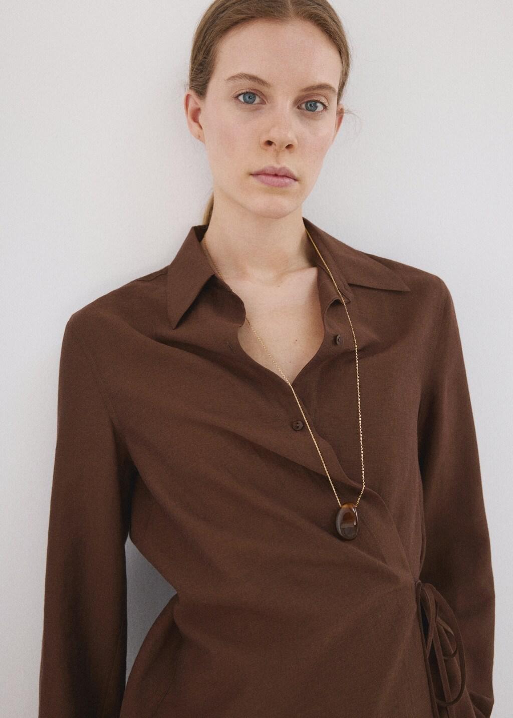 Brown Wrap Shirt With Bow, Brown, large image number 4