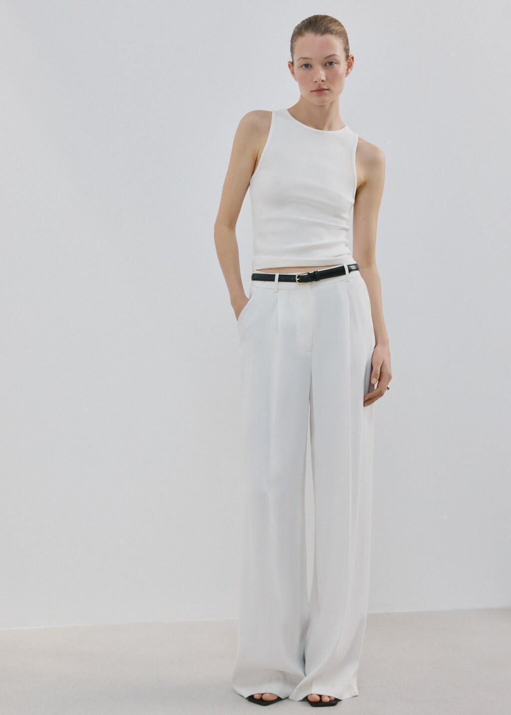 White Ribbed Cotton-Blend Top, White, large image number 0