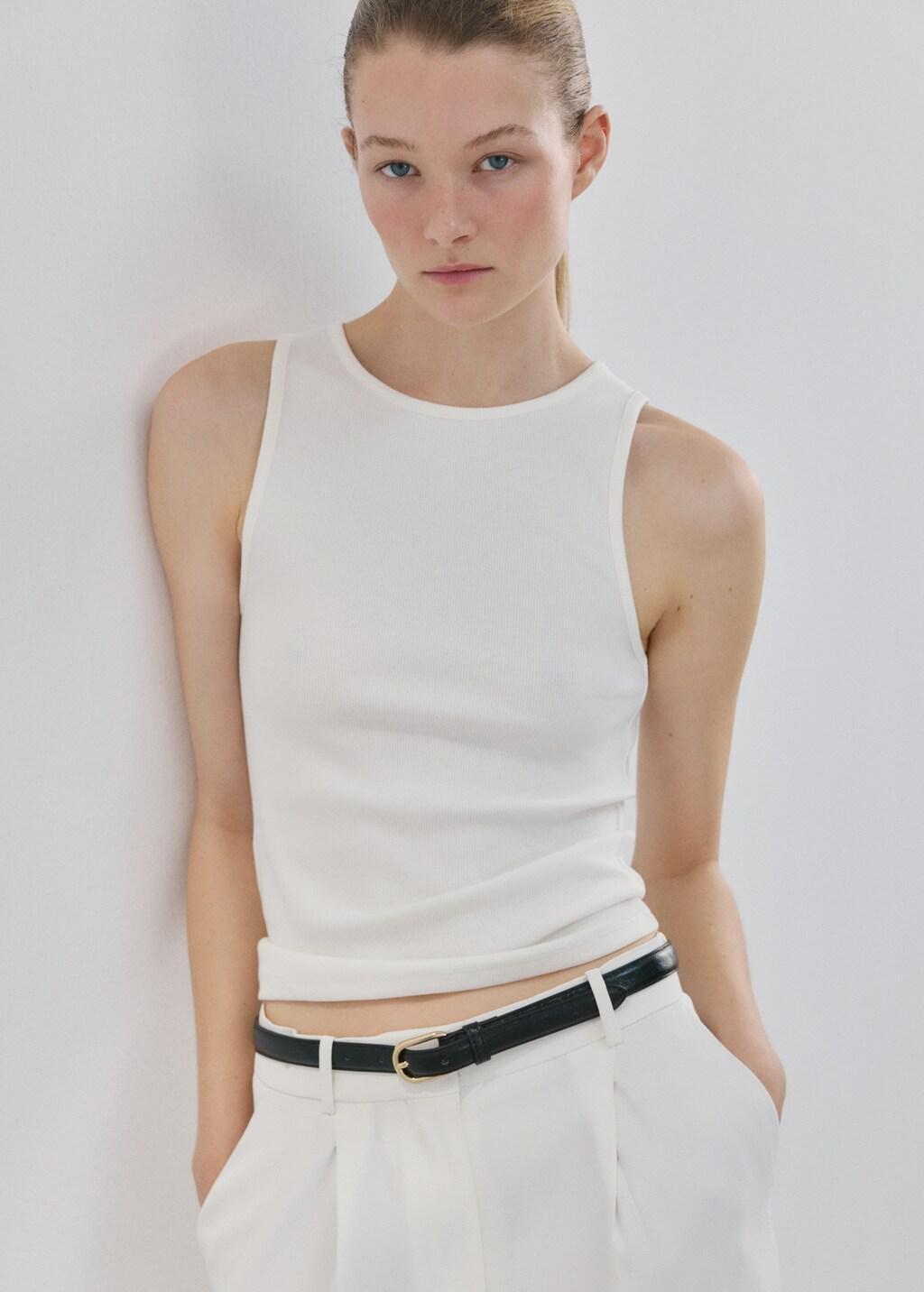 White Ribbed Cotton-Blend Top, White, large image number 3