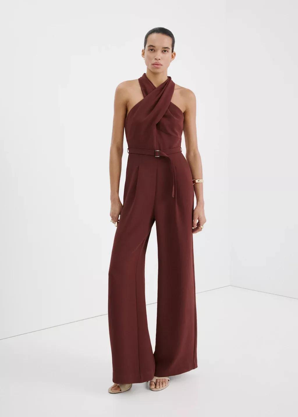 Red Belt Wrap Jumpsuit, Dark Red, large image number 0