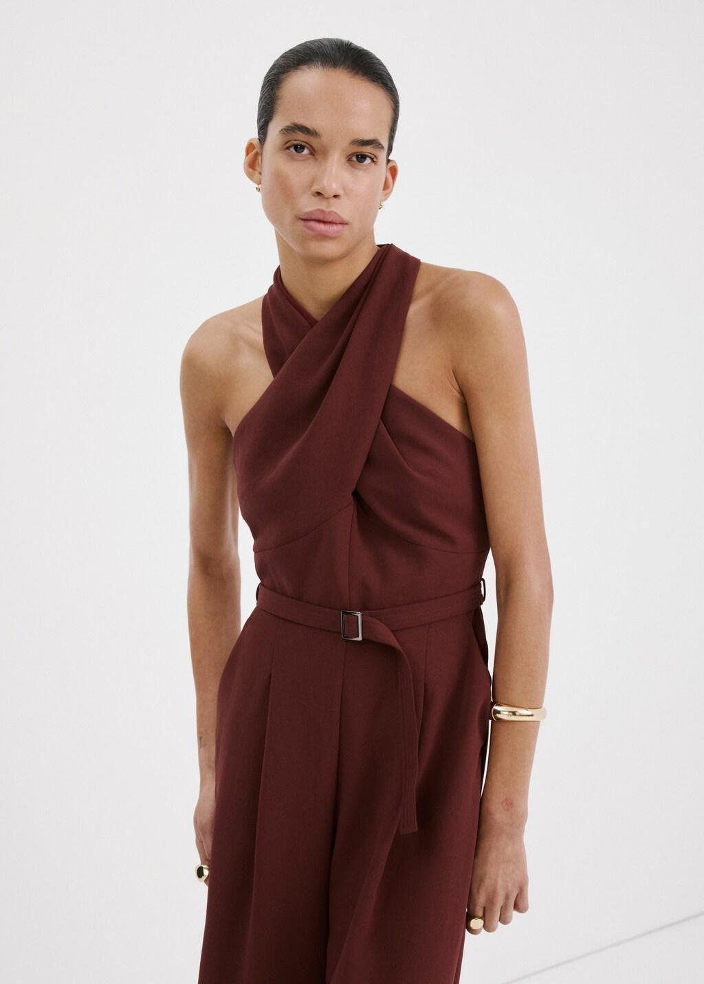 Red Belt Wrap Jumpsuit, Dark Red, large image number 3