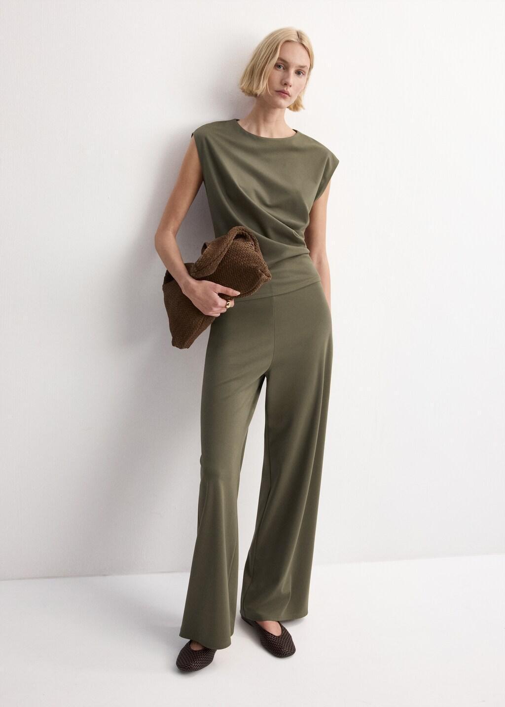 Khaki T-Shirt With Gathered Details, Beige - Khaki, medium