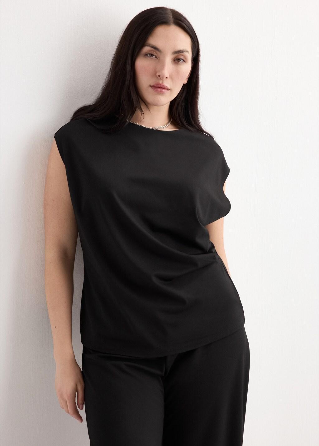 Black T-Shirt With Gathered Details, Black, large image number 6