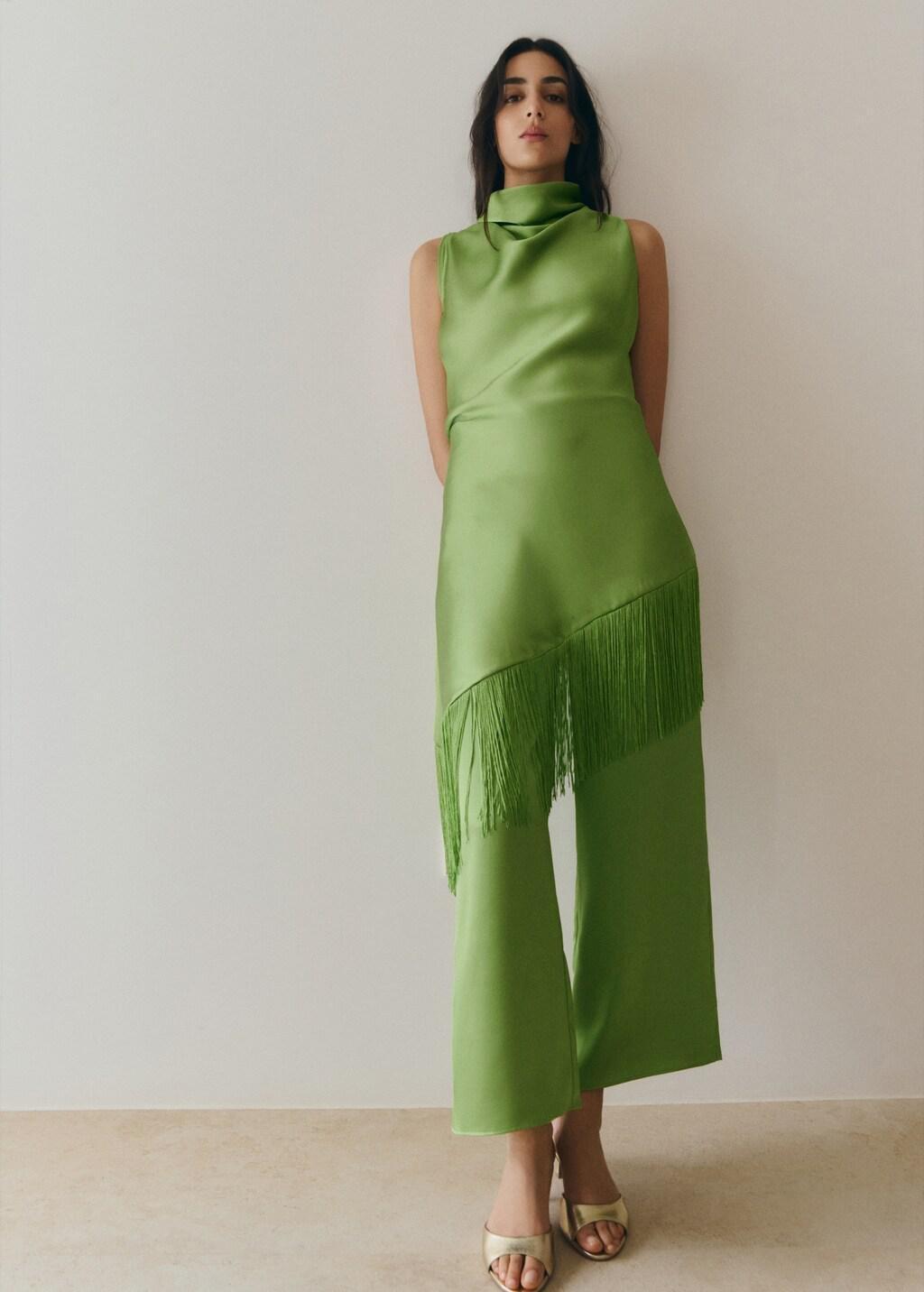 Green Asymmetric Fringed Blouse, Green, medium
