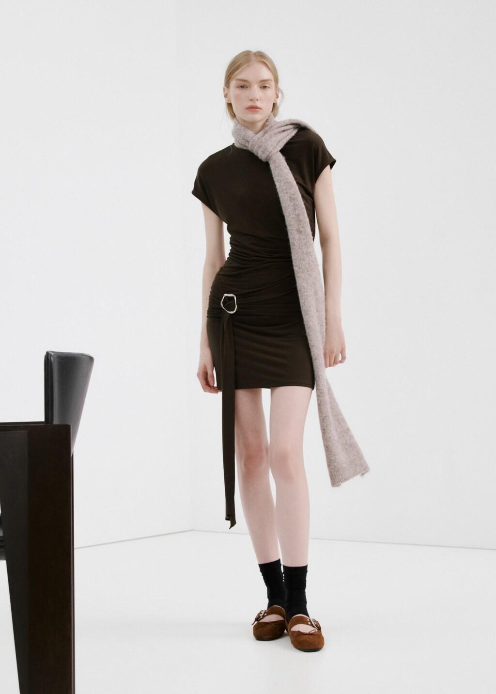 Brown Ruched Bodice Brooch Dress, Brown, large image number 0