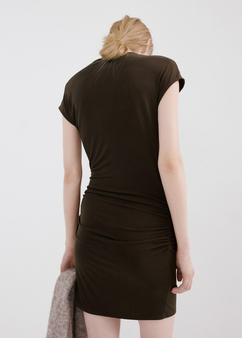 Brown Ruched Bodice Brooch Dress, Brown, medium