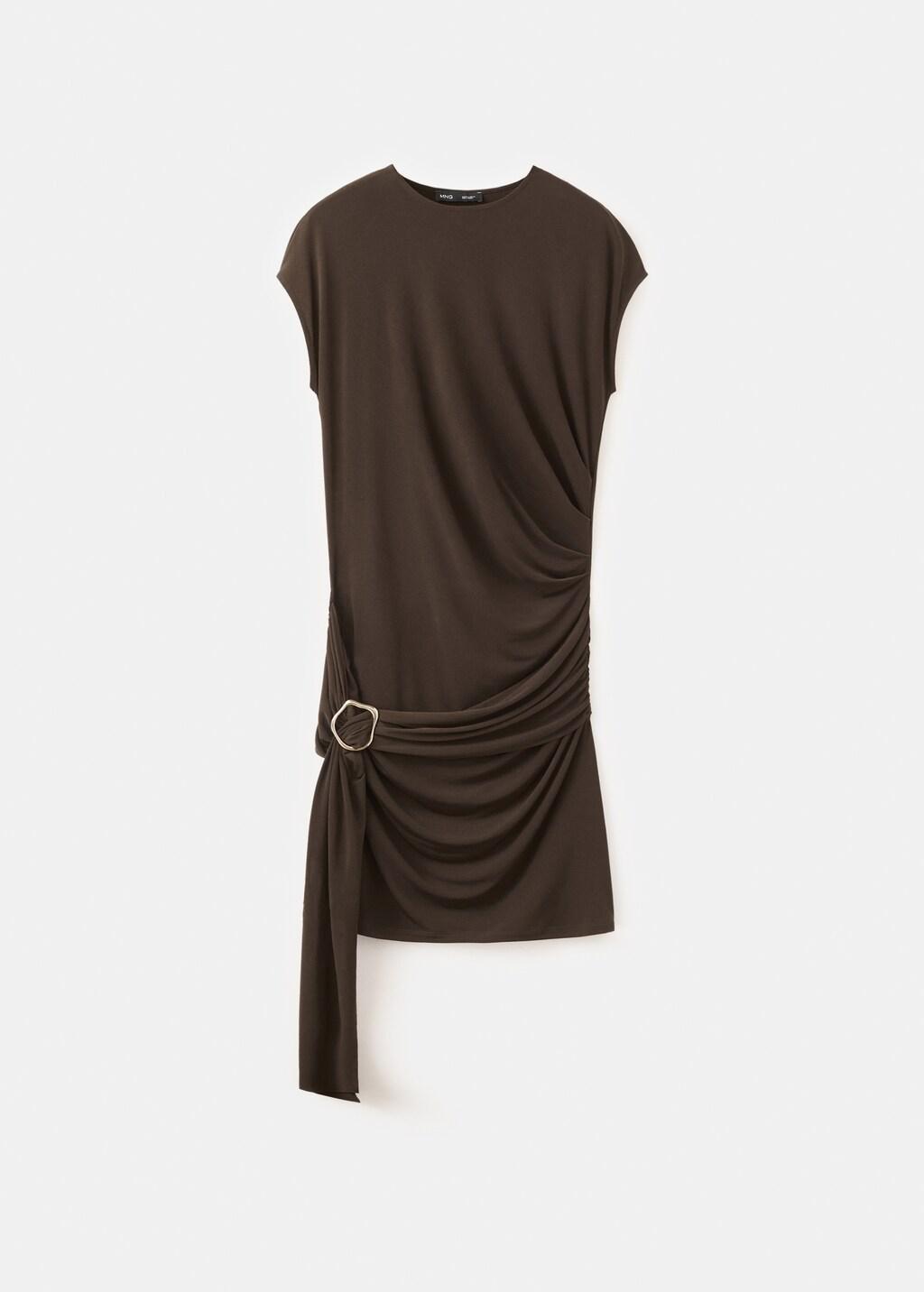 Brown Ruched Bodice Brooch Dress, Brown, large image number 7