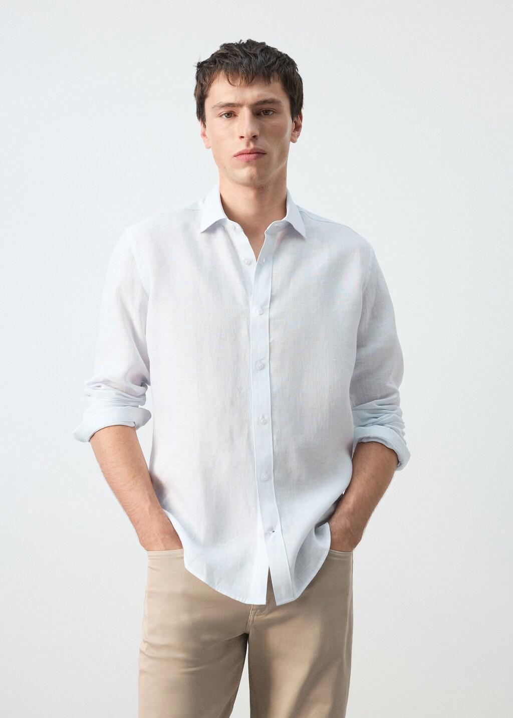 Blue Regular-Fit Linen Shirt, Light-Pastel Blue, large image number 3