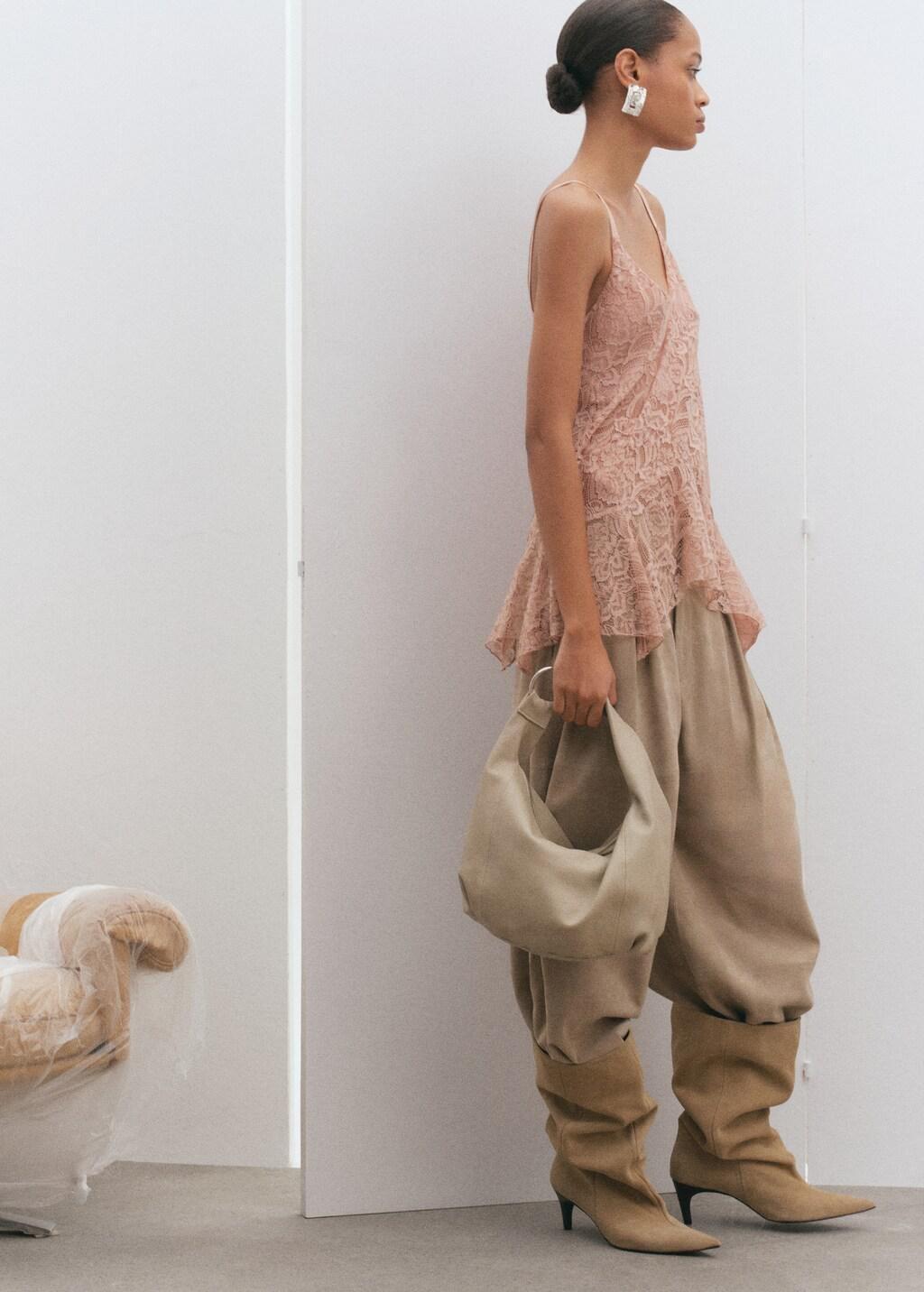 Beige Ring Detail Leather Drawstring Bag, Light Beige, large image number 0