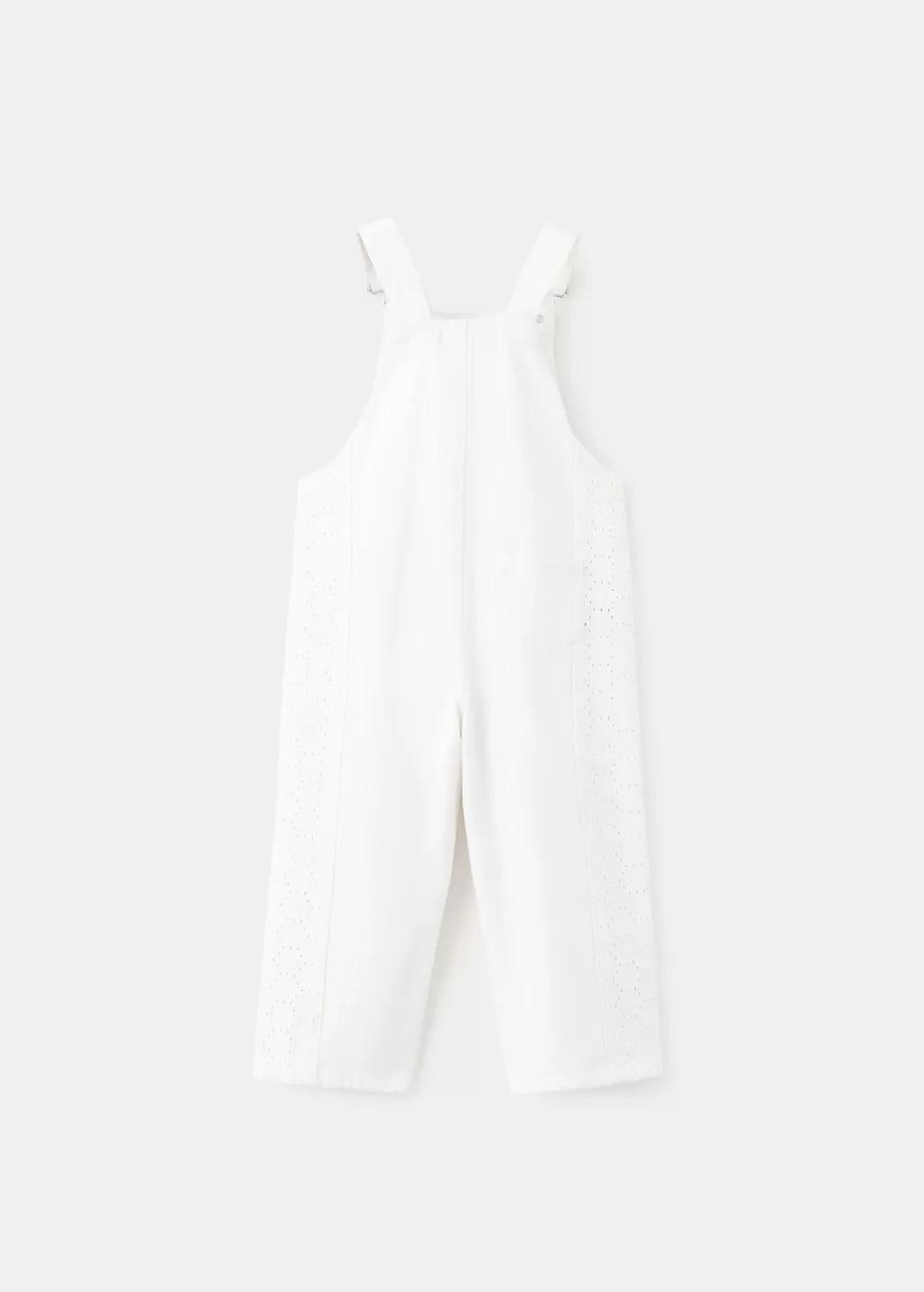 White Embroidered Denim Dungarees, Baby Girl, Natural White, large image number 1
