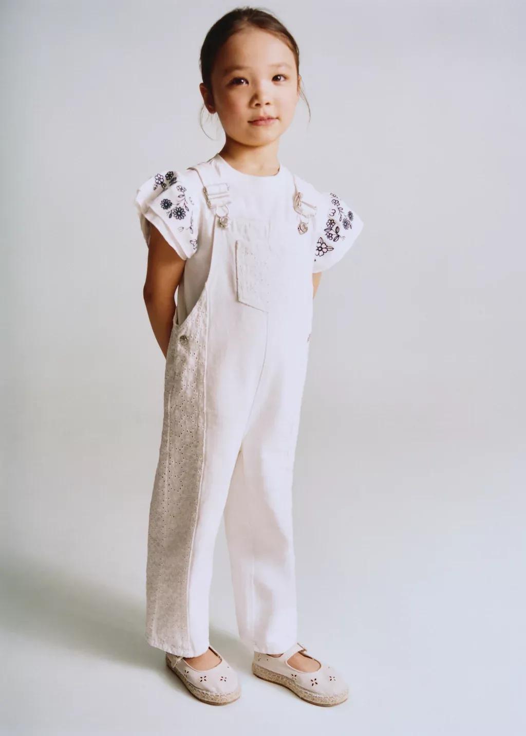 White Embroidered Denim Dungarees, Baby Girl, Natural White, large image number 3