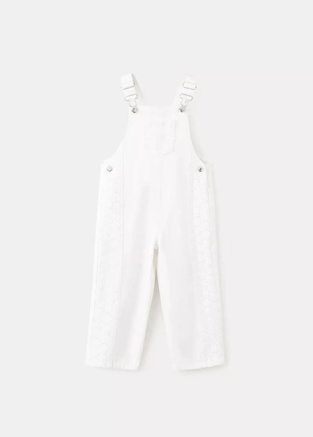White Embroidered Denim Dungarees, Baby Girl, Natural White, large image number 6