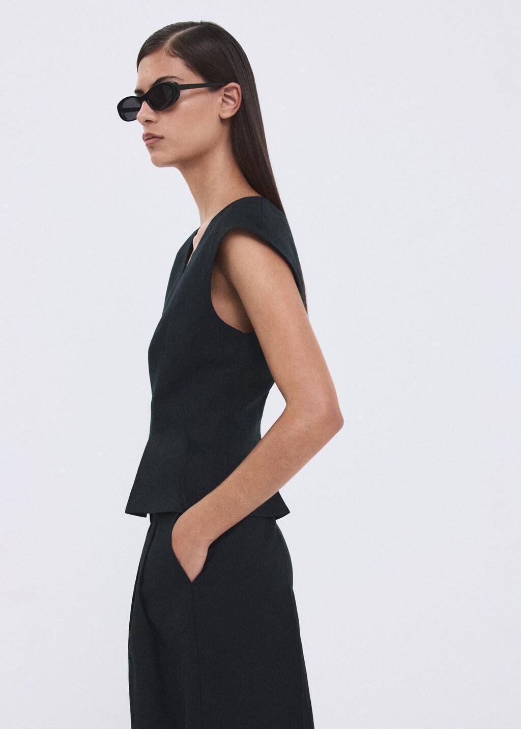 Navy Cotton Linen Peplum Top, Navy, large image number 3