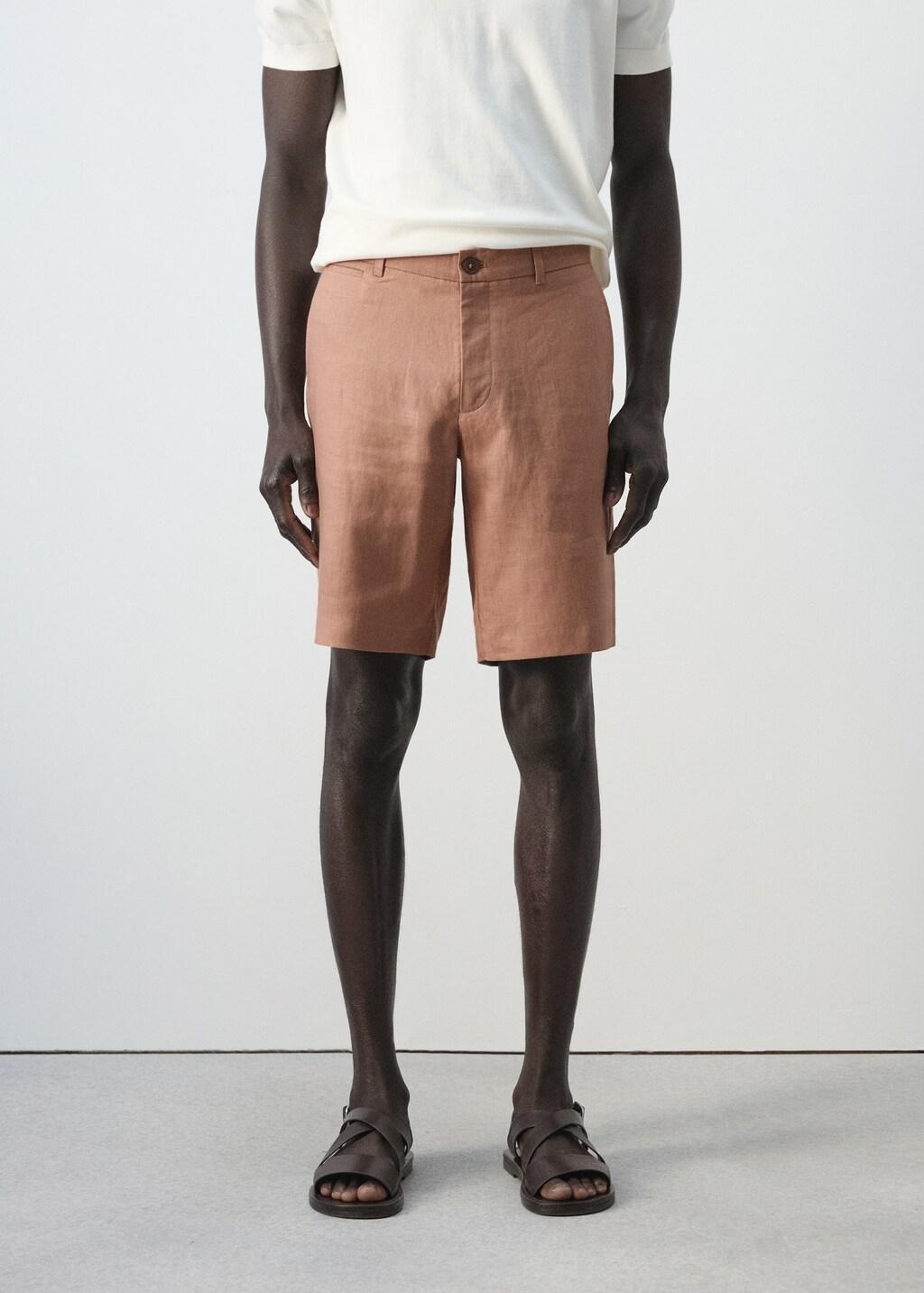 Orange Lt Pastel Slim-Fit 100% Linen Bermuda Shorts, Light-Pastel Orange, large image number 3