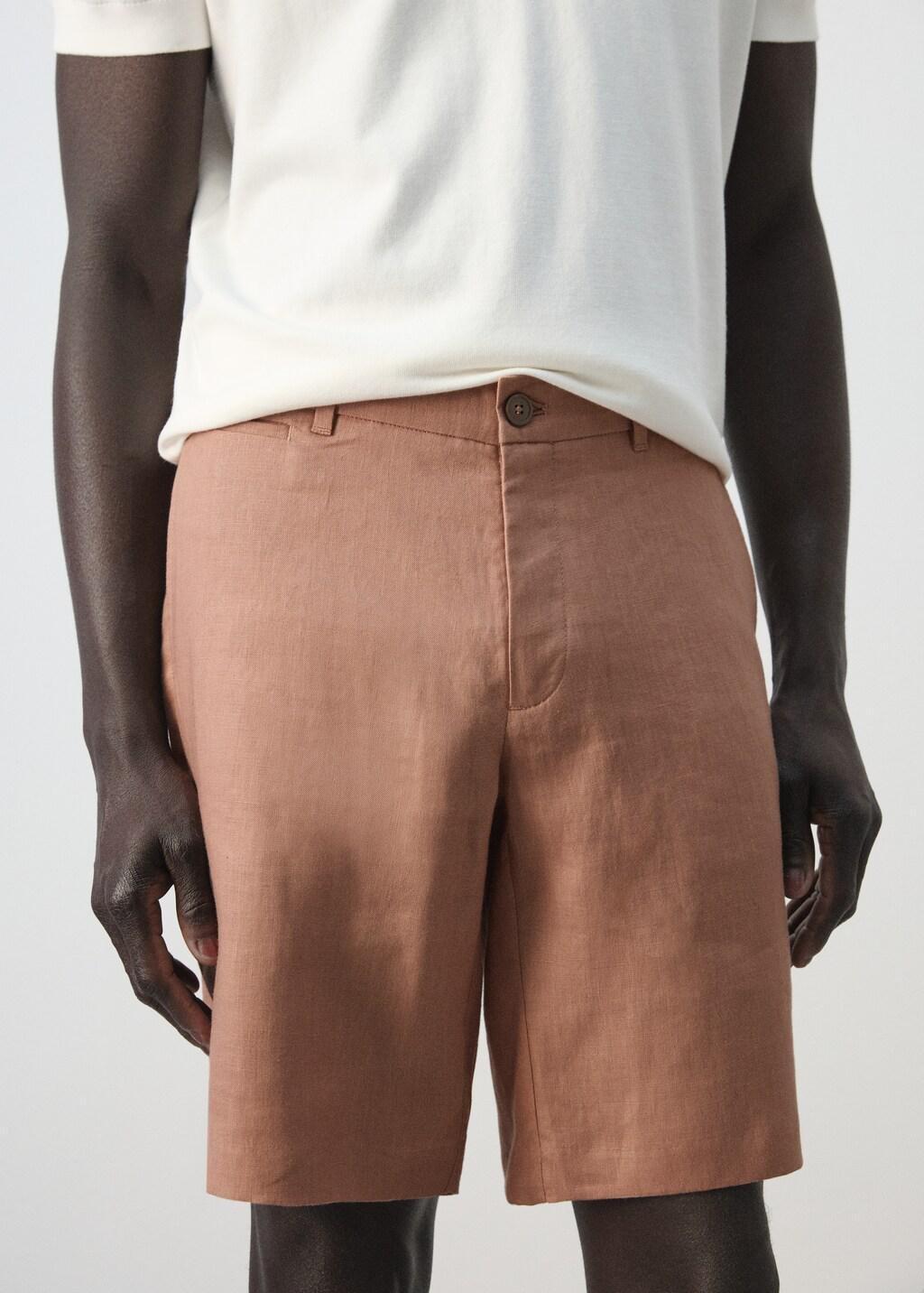Orange Lt Pastel Slim-Fit 100% Linen Bermuda Shorts, Light-Pastel Orange, large image number 4