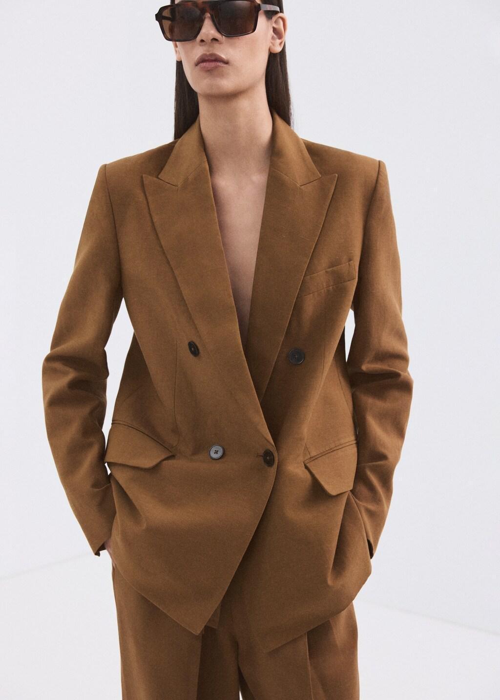 Brown Double-Breasted Linen Suit Jacket, 0201_17, large image number 0