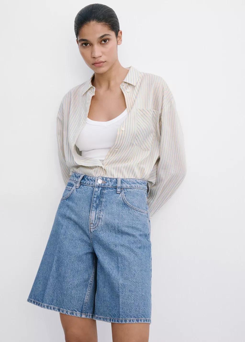 Blue High-Waist Straight-Fit Denim Shorts, Open Blue, large image number 2