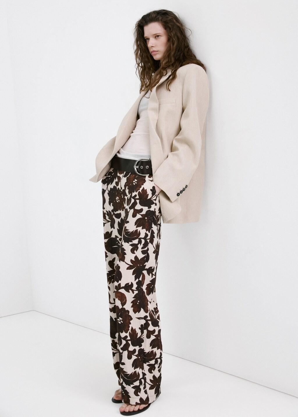 Brown Floral Print Trousers, Brown, medium