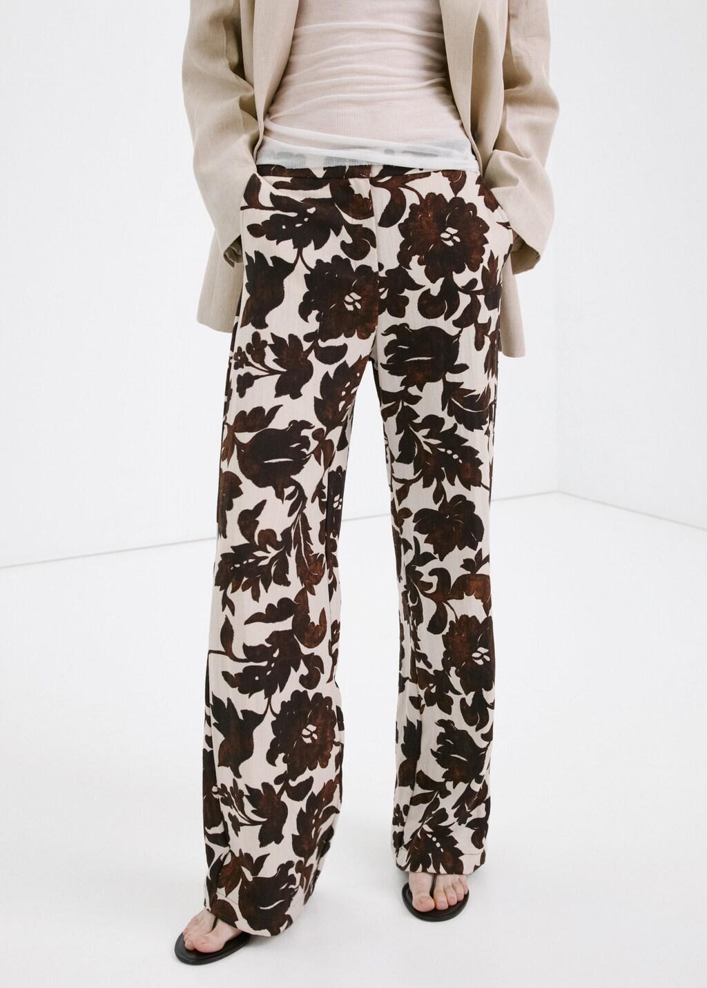 Brown Floral Print Trousers, Brown, large image number 3
