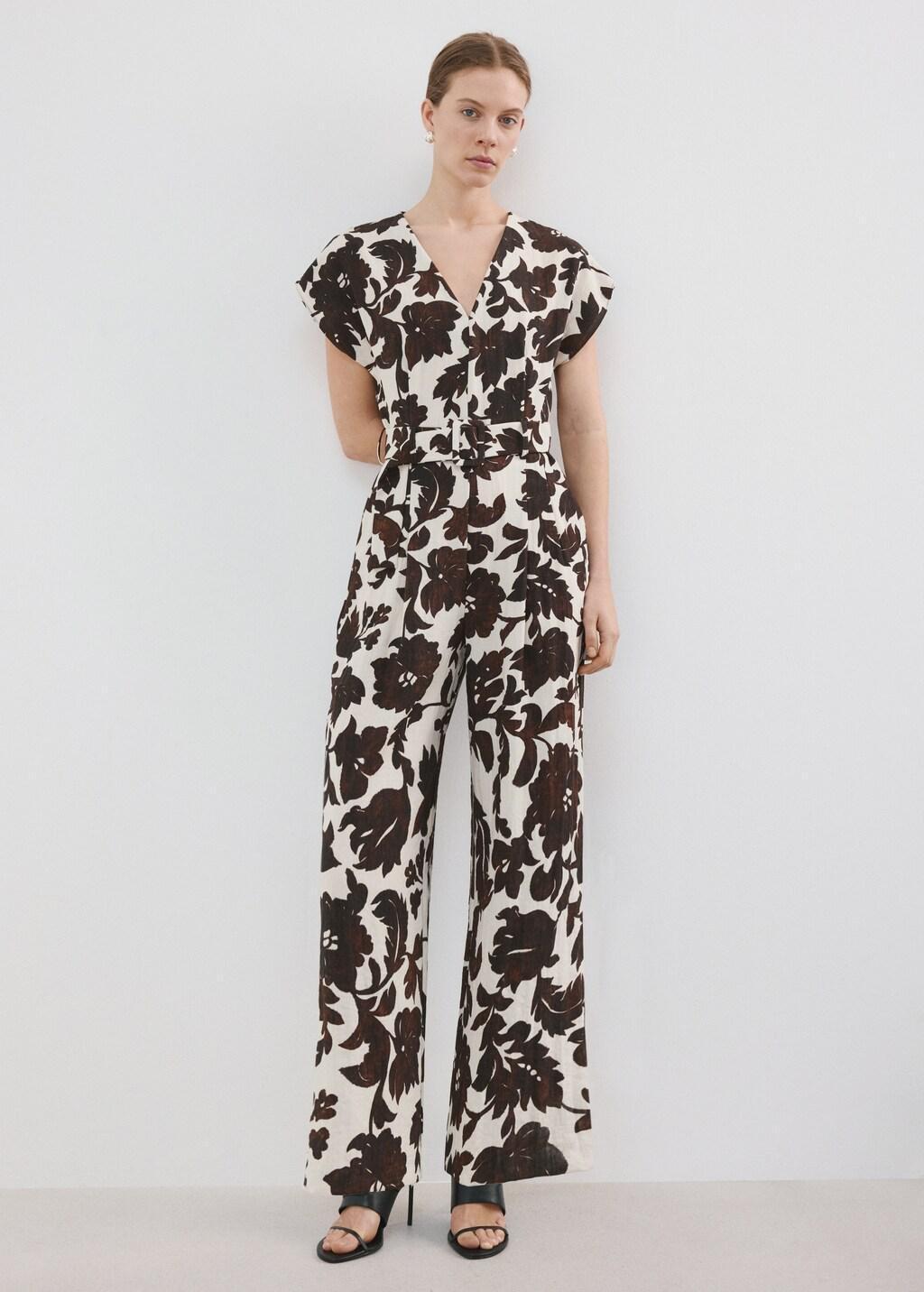 Beige Floral Print Jumpsuit With Belt, 0201_05, medium
