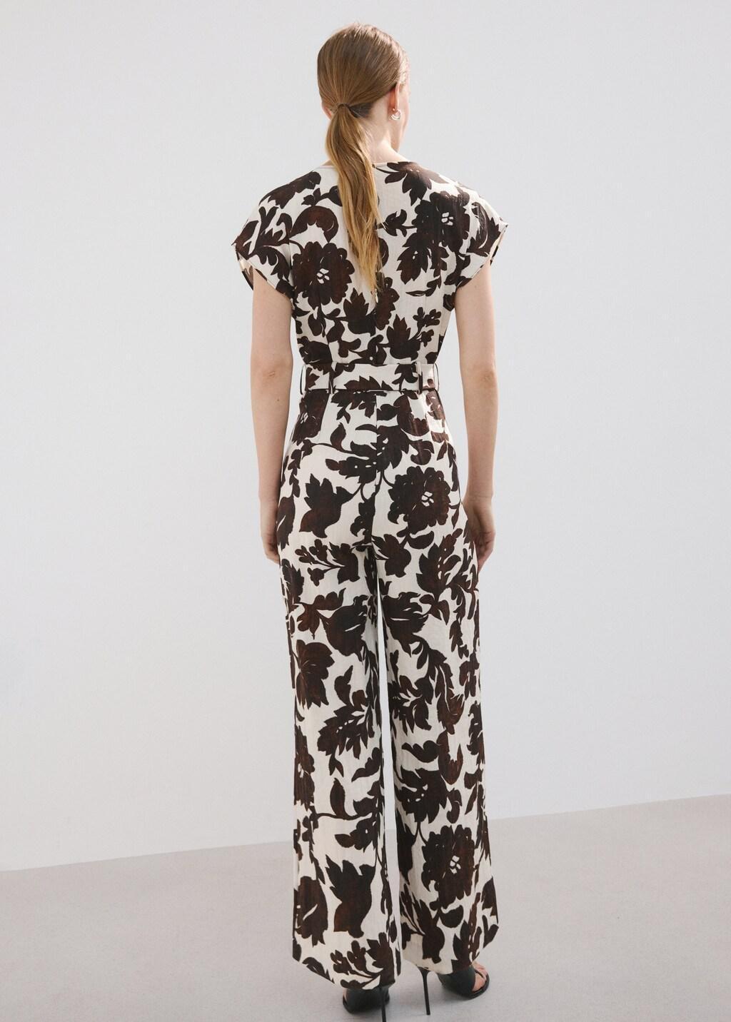 Beige Floral Print Jumpsuit With Belt, 0201_05, large image number 2