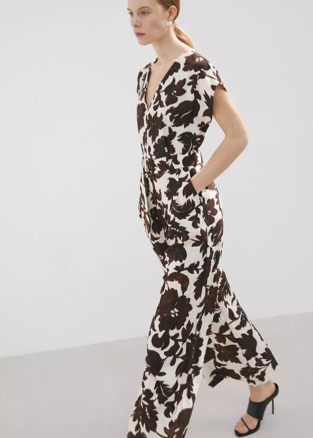 Beige Floral Print Jumpsuit With Belt, 0201_05, large image number 3