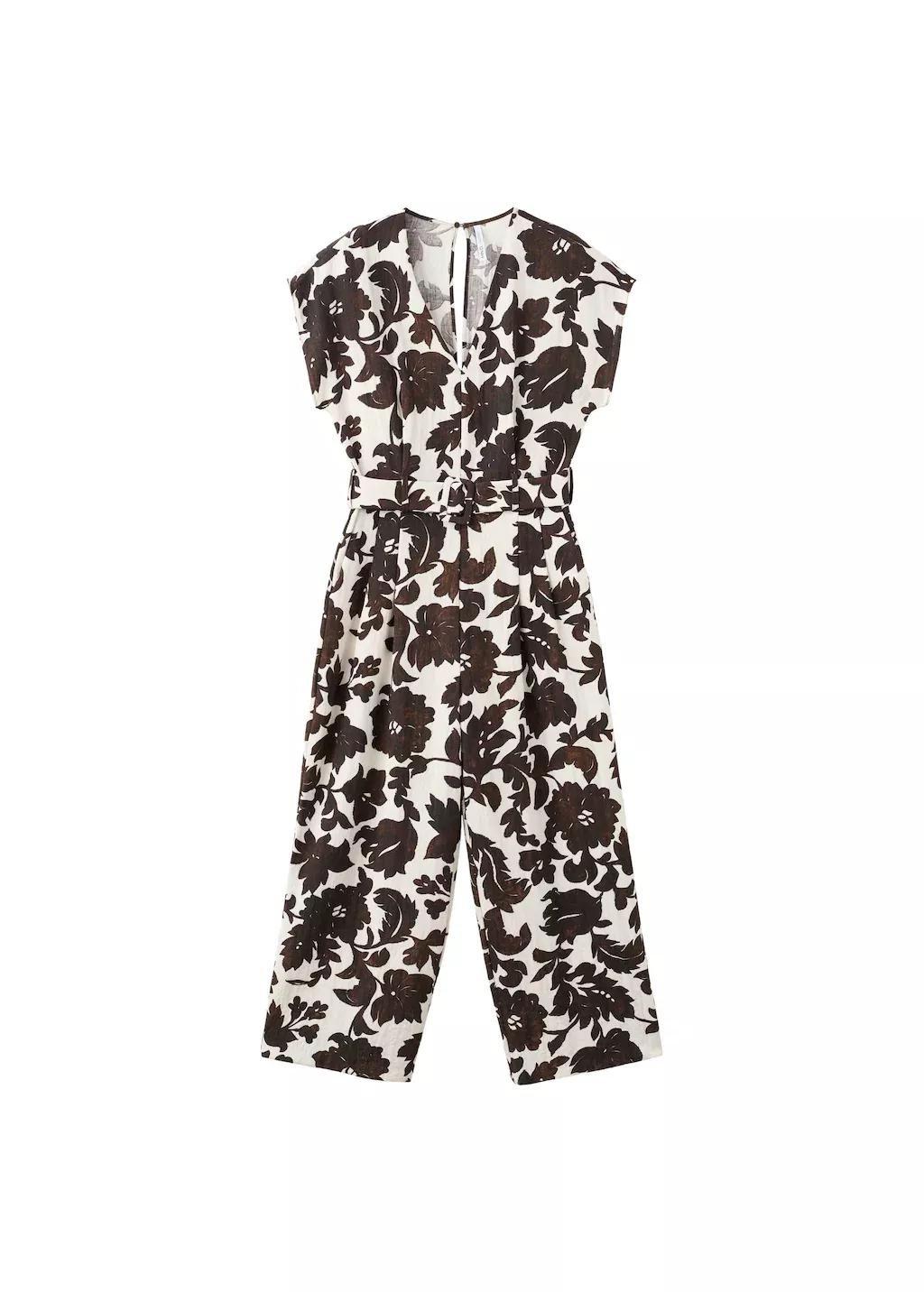 Beige Floral Print Jumpsuit With Belt, 0201_05, large image number 6