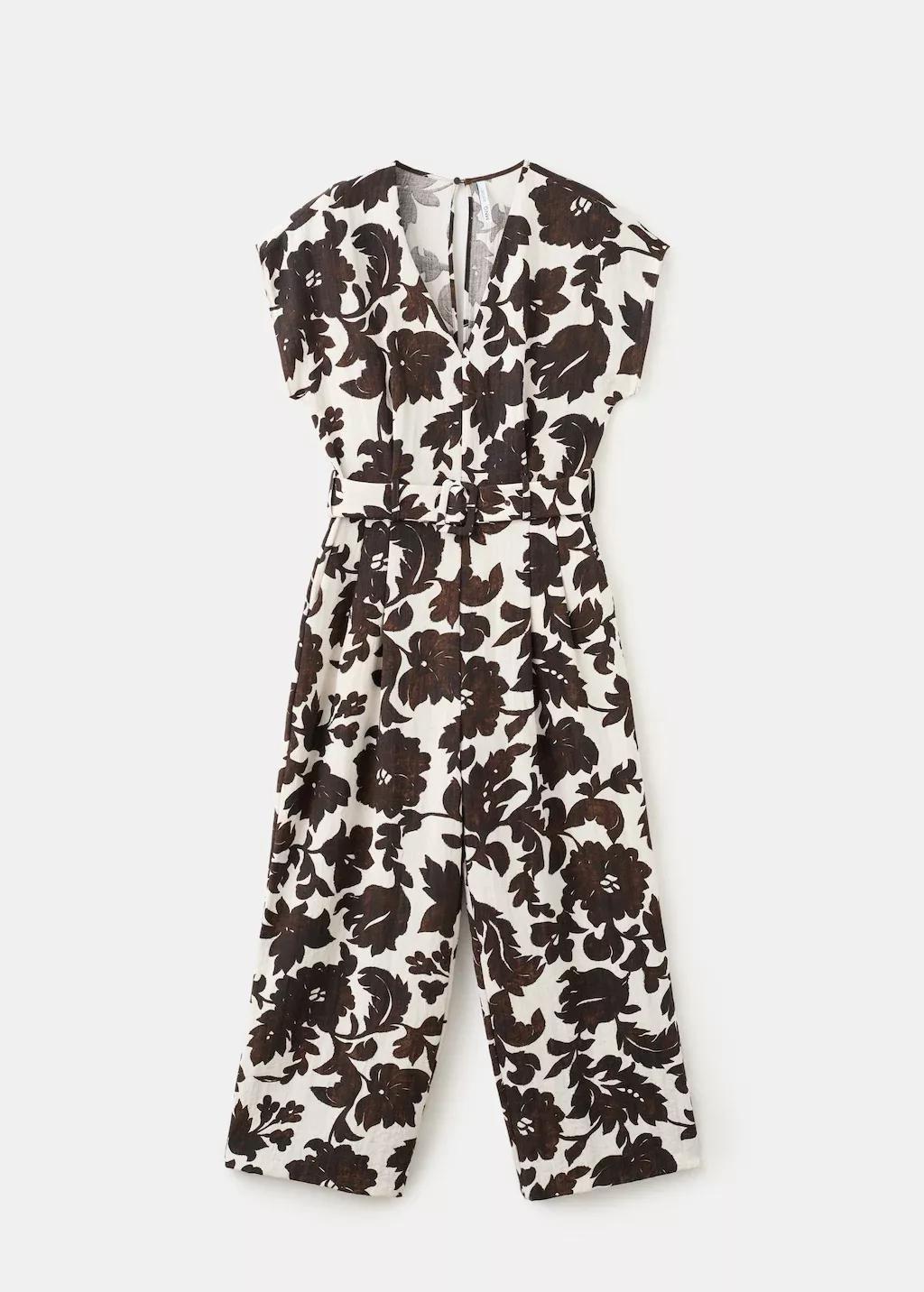 Beige Floral Print Jumpsuit With Belt, 0201_05, large image number 7